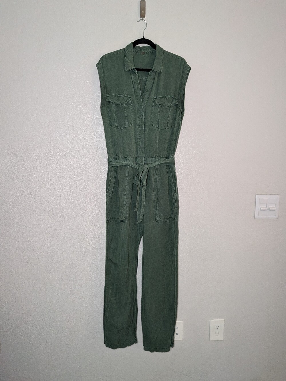 Young Fabulous & Broke Olive Green Utility Linen Blend Tie Waist Jumpsuit M
